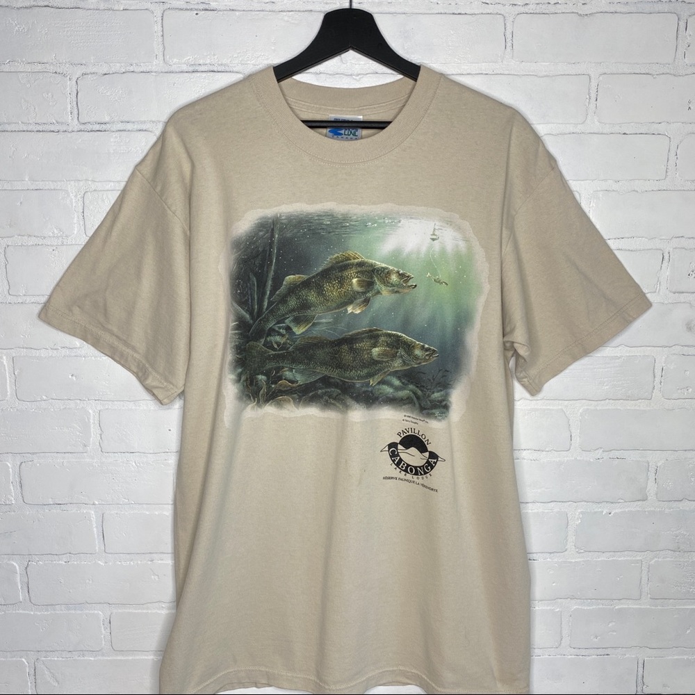 Vintage 90s Fishing Shirt Rivers Edge Large Tan Nature Fish Outdoors